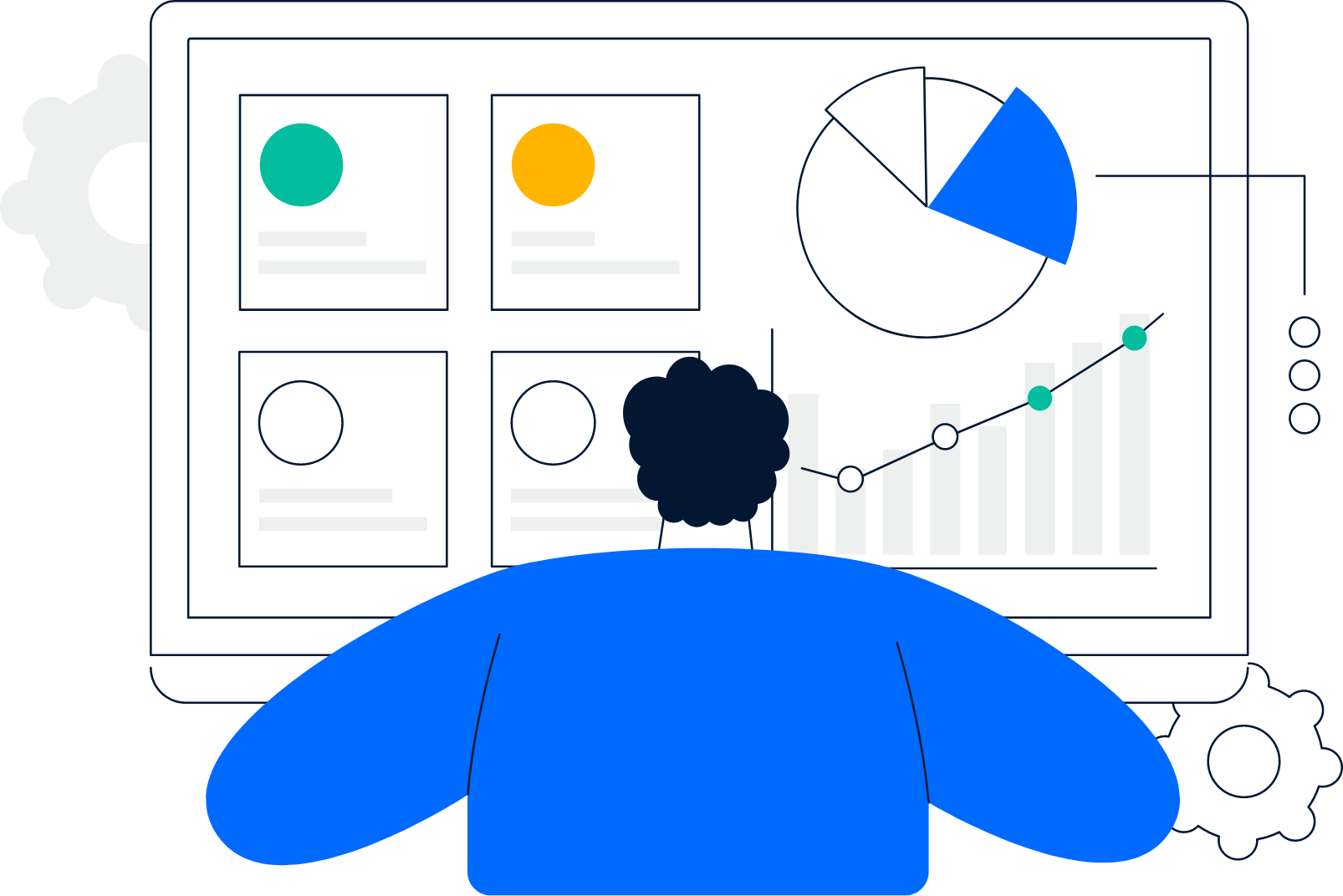 Person analyzing data on a large digital screen with charts and graphs, including a pie chart, bar chart, line graph, and profile icons, with gear icons on the sides.