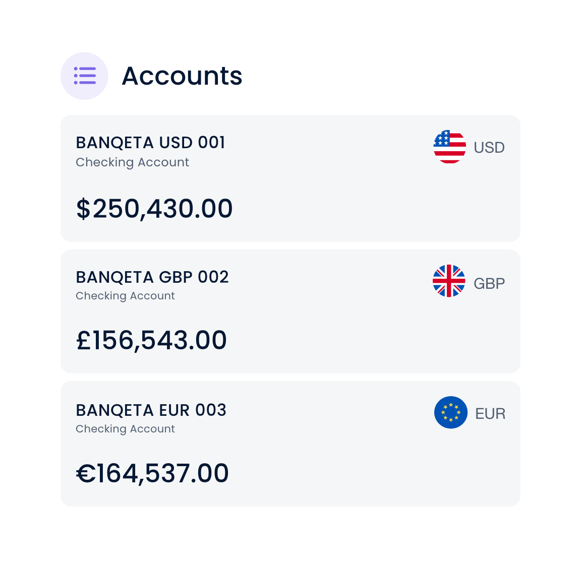 Screenshot of a banking app showing three checking accounts with balances in US Dollars, British Pounds, and Euros, each with respective flags.