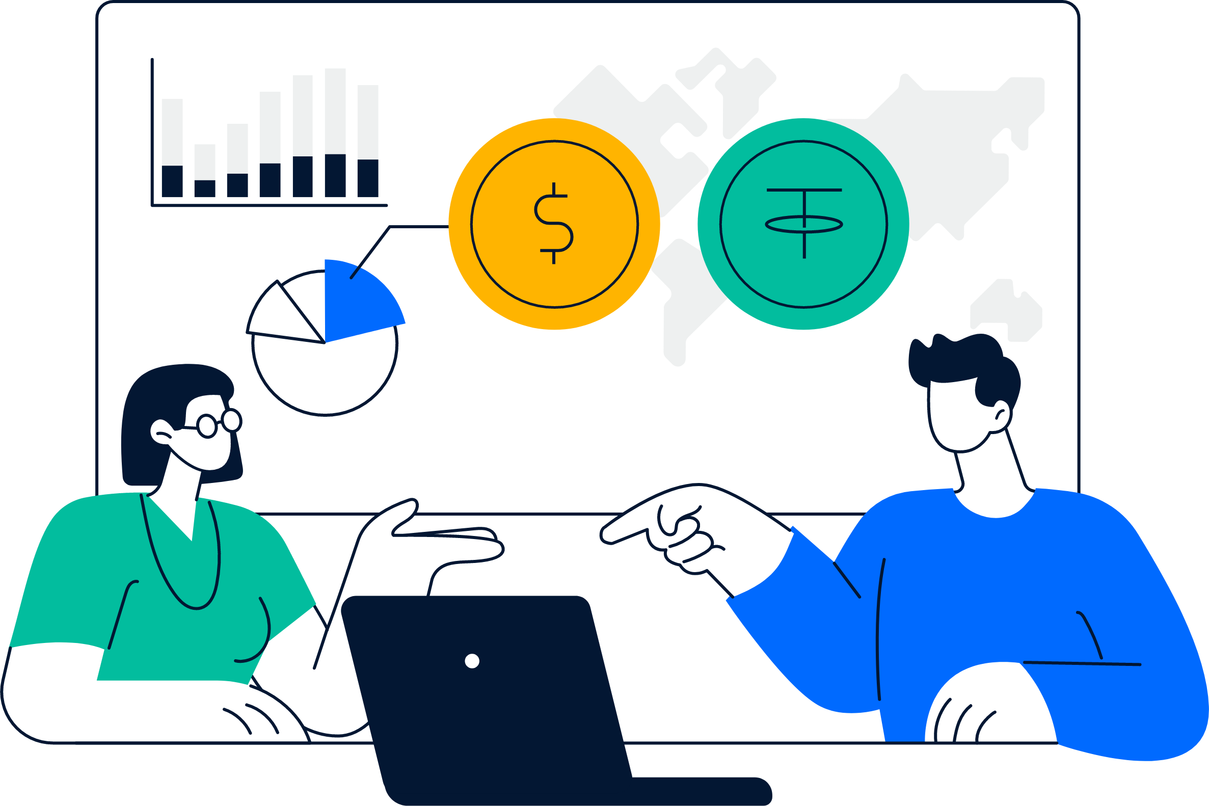 Two people having a discussion with financial charts, a dollar sign, and a Tether coin icon on a world map in the background.