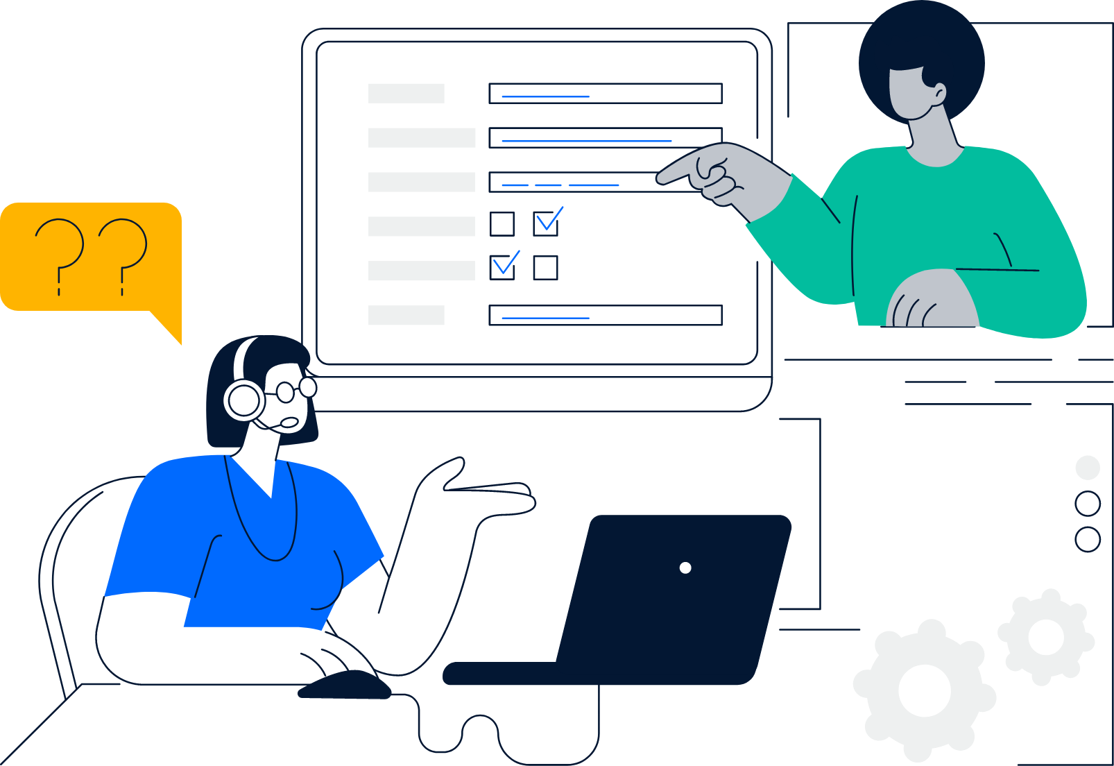An illustration of a customer support representative wearing a headset and shirt, gesturing towards a computer screen, with an online survey or form displayed. A person with short hair, wearing a green shirt, appears to be explaining or pointing at the survey. There are also gears in the bottom right corner, and a speech bubble with question marks indicating inquiry or communication.