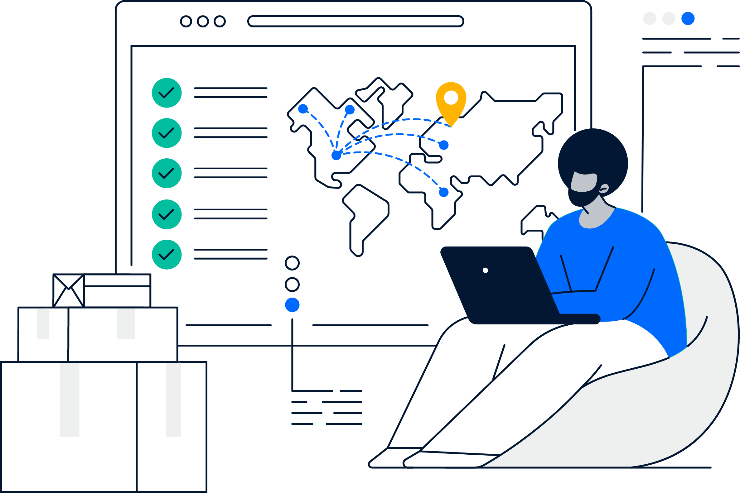 Illustration of a person with a laptop sitting on a bean bag, with a large screen behind showing a world map, checkmarks, and connected points, representing data analysis or global connectivity.