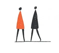 Twee abstracte menselijke figuren, een in oranje en een in zwart, staan naast elkaar op een witte achtergrond.