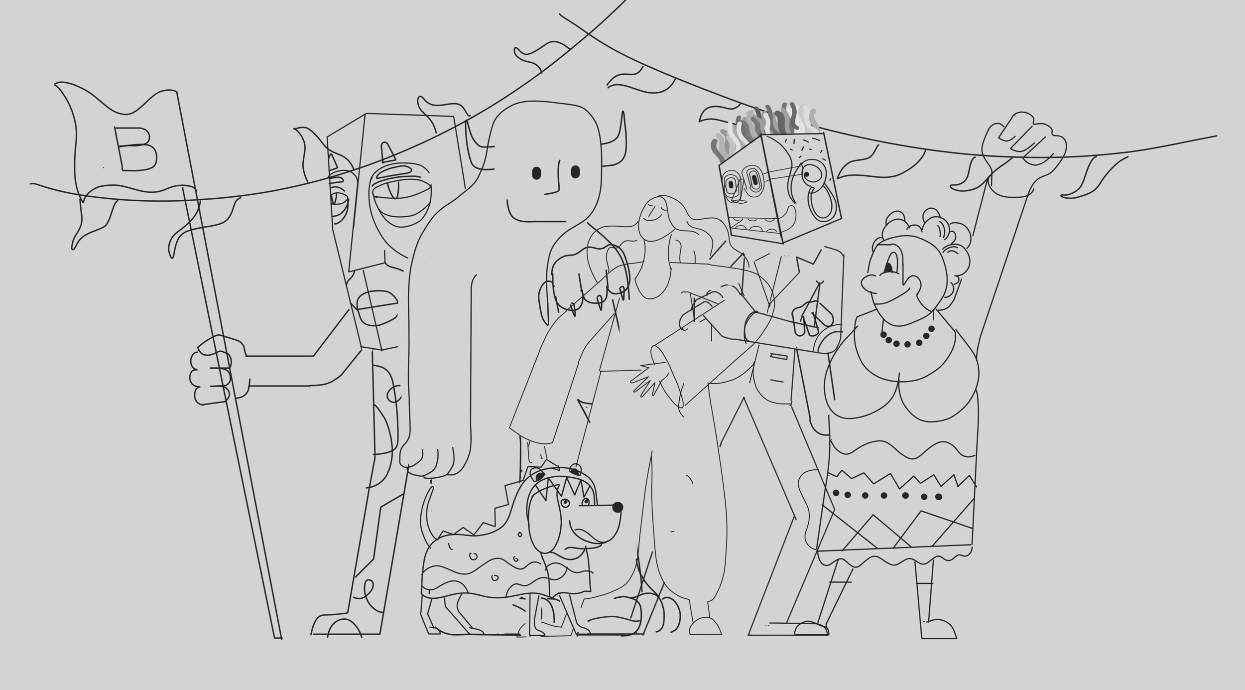 Line drawing of a group of characters, including a figure with horns, a dog, a person with long hair, an animated box with a face, and a woman in a patterned dress, all holding a string with flags and decorations.