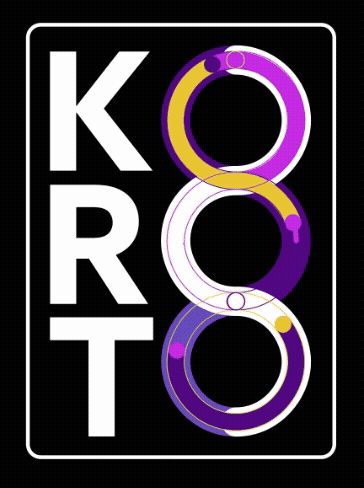 Graphic design with the word 'KORT' on the left and interconnected circular patterns in purple, yellow, and white on a black background.