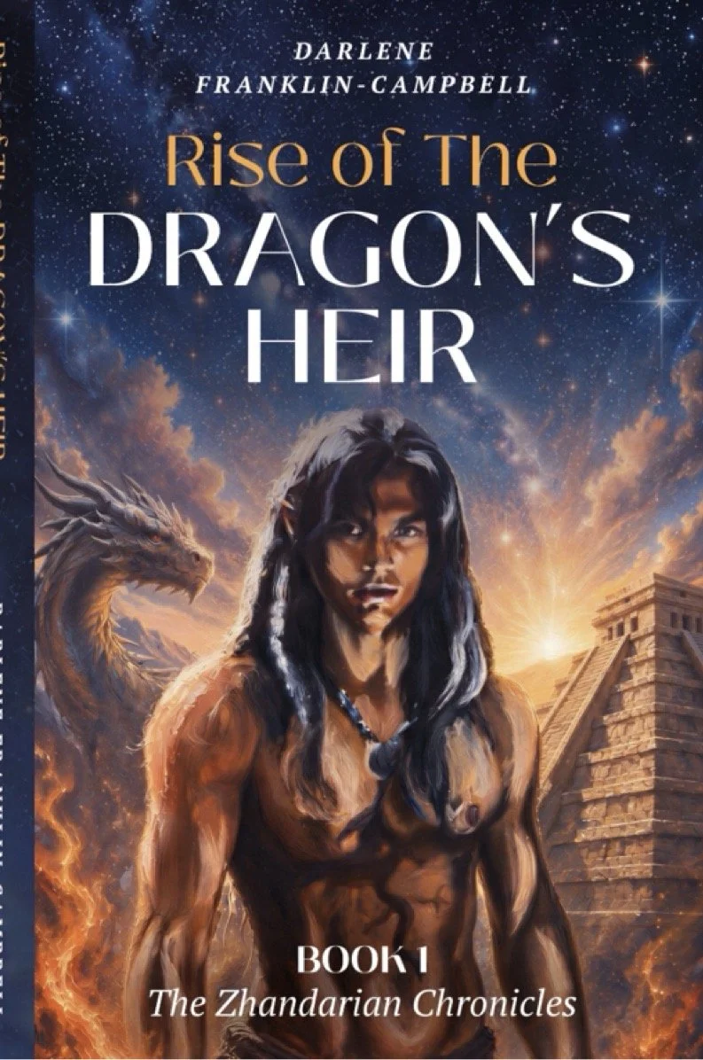 Mythology-based, literary fiction novel "Rise of The Dragon's Heir" by Darlene Franklin-Campbell. A desert kingdom epic fantasy featuring a dragon in the background, a pyramid, and a starry sky with clouds and sparks.