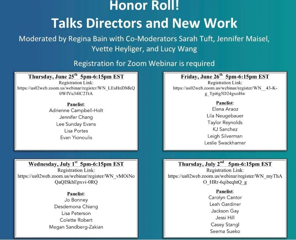 Schedule of four webinars on honor roll and new work topics, held on June 25-26 and July 1-2, featuring different panelists each day with registration links provided.