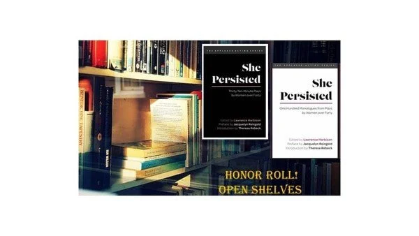 Bookshelves with a variety of books and two book covers titled "She Persisted" in front.