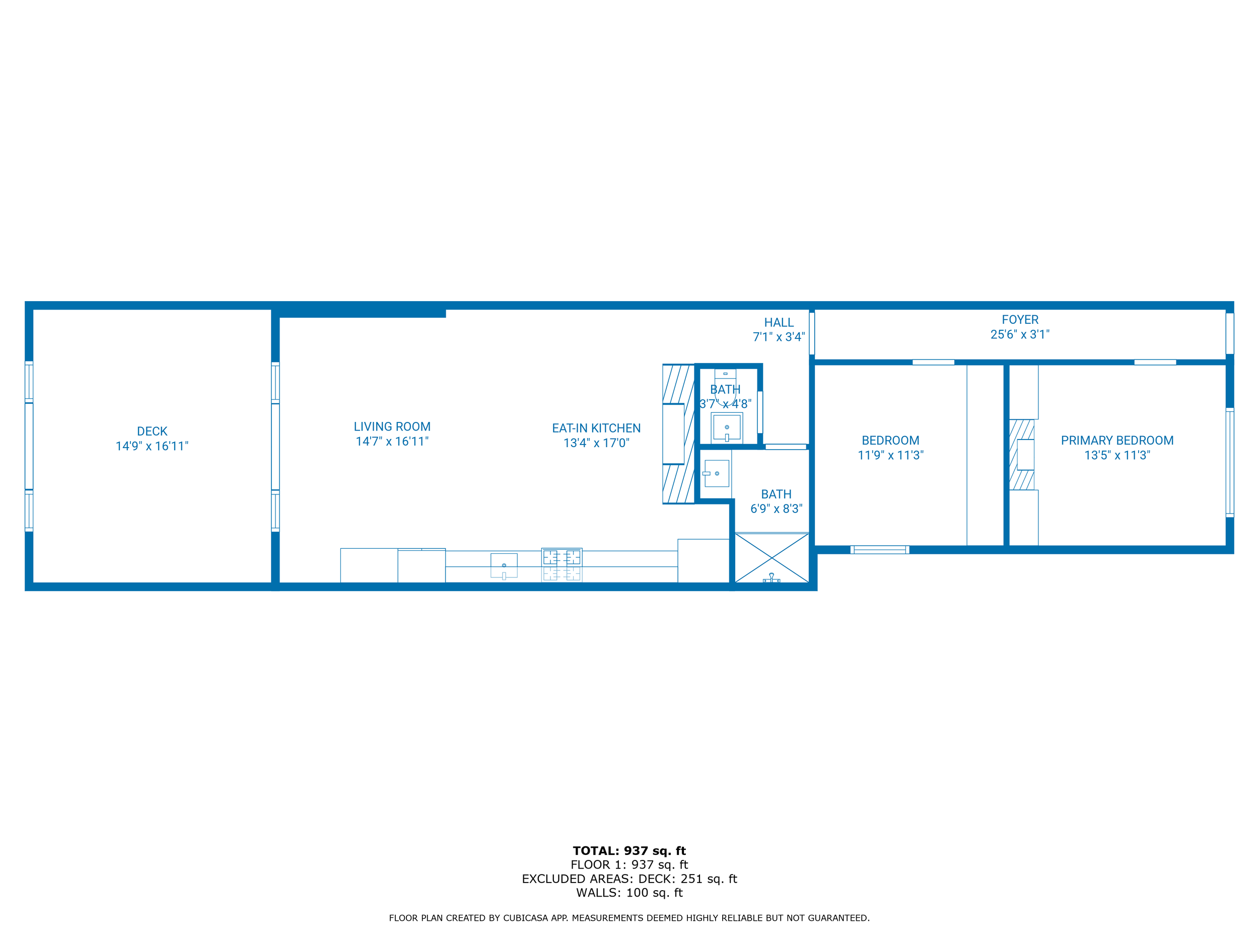 Floor plan of a single-story house with a deck, living room, eat-in kitchen, two bathrooms, a hall, foyer, and two bedrooms including a primary bedroom.