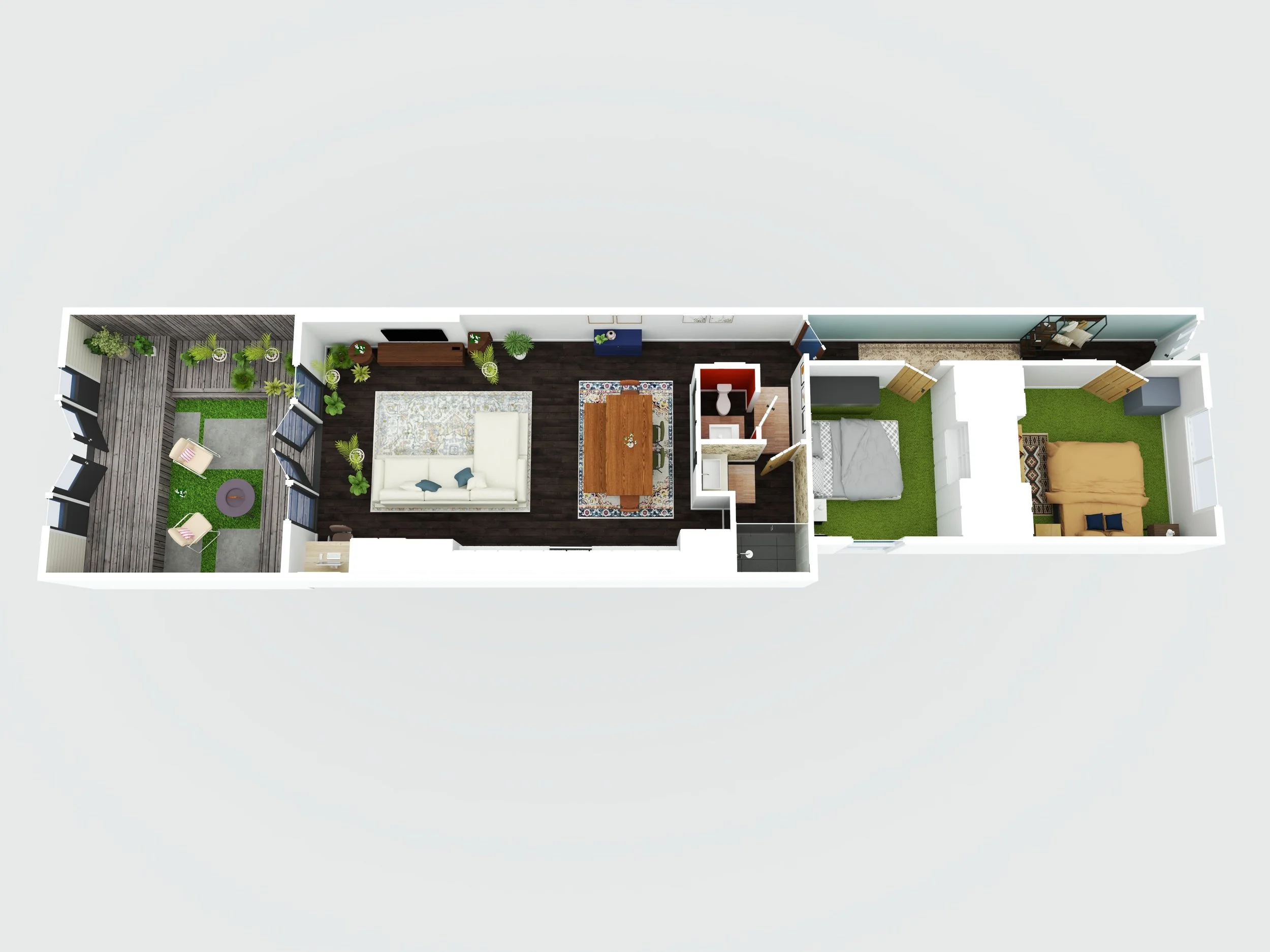 Top-down view of a modern apartment layout featuring a balcony with outdoor furniture, a living room with a sofa and rug, a dining area with a table, two bedrooms with beds and dressers, a bathroom, and a small outdoor patio with plants.