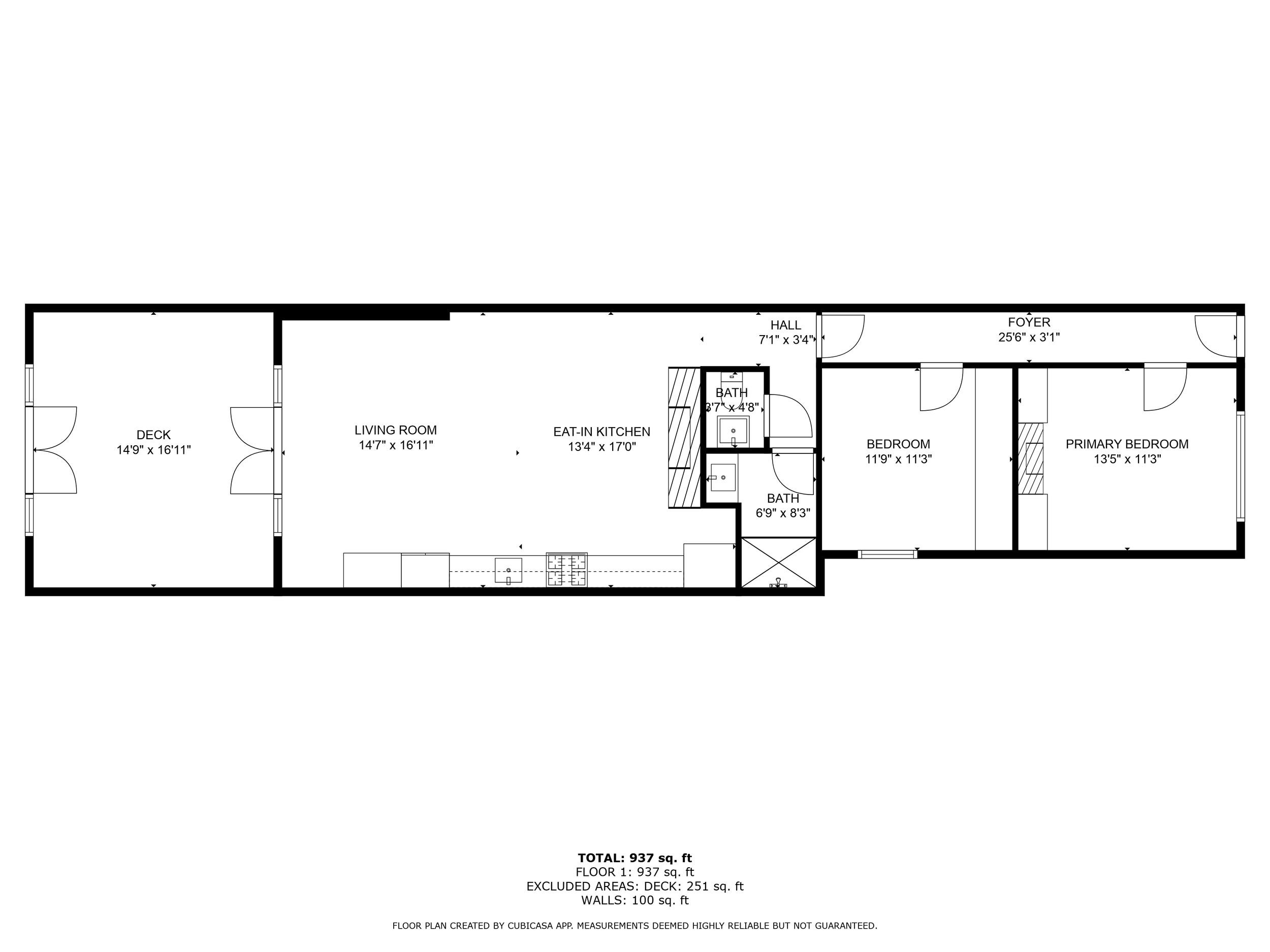 Floor plan of a house showing a deck, living room, eat-in kitchen, two bathrooms, hall, foyer, two bedrooms, and a primary bedroom.