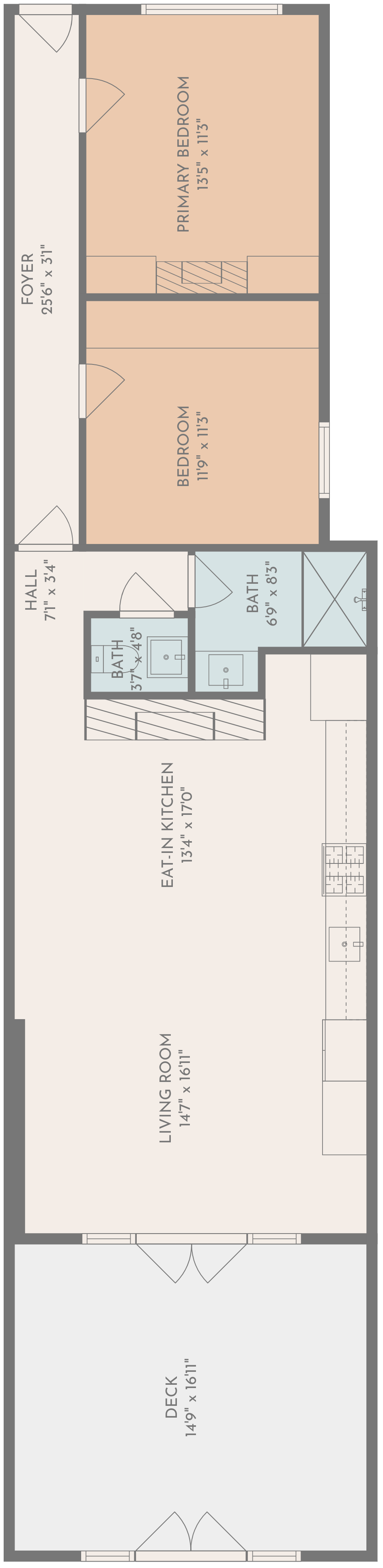 Floor plan of a house with labeled rooms including a deck, living room, eat-in kitchen, hall, two bathrooms, two bedrooms, primary bedroom, and foyer.