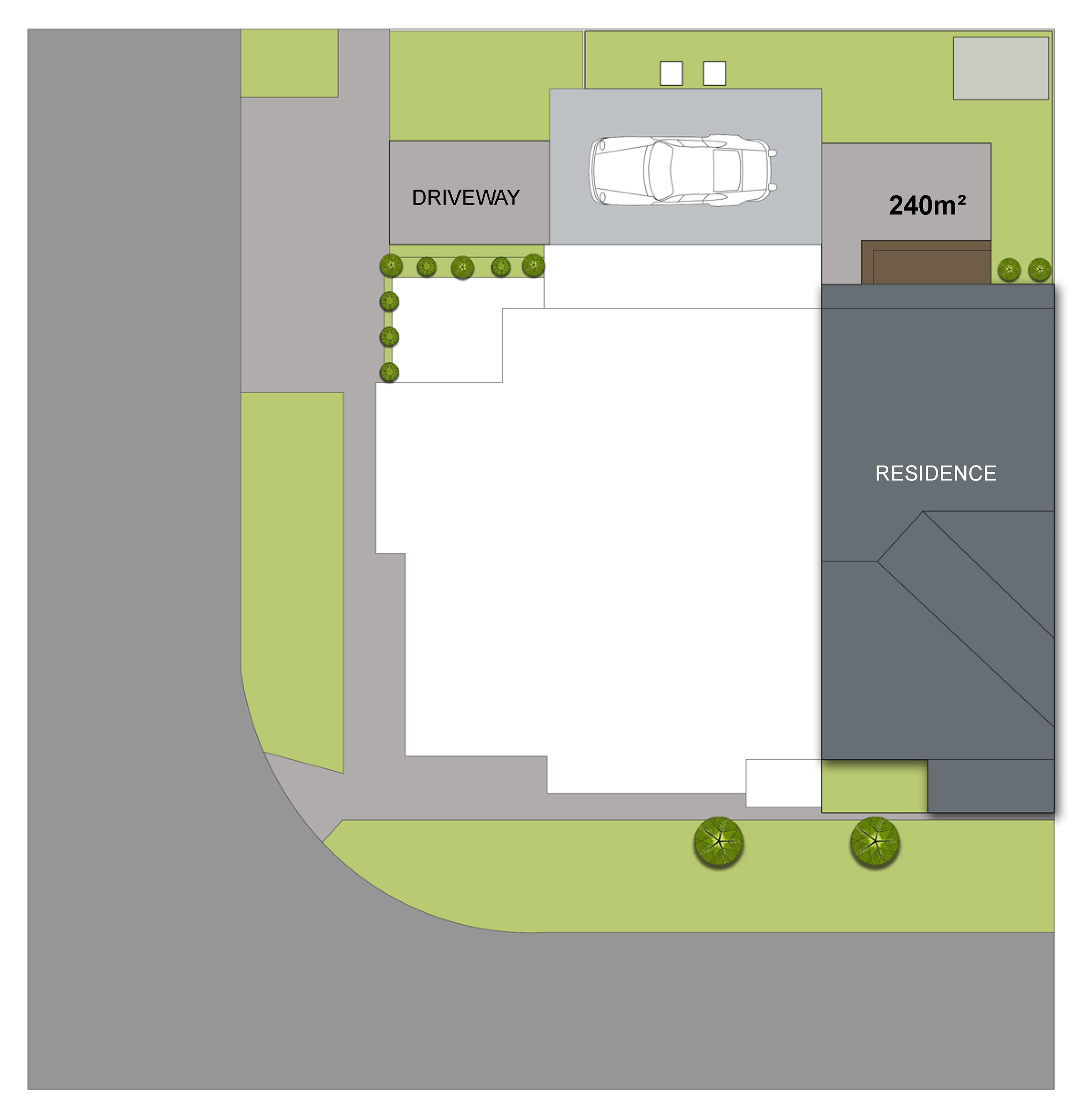 Site plan of a residence with a driveway, parking space for a car, landscaped grass areas, trees, and a 240 square meter building.