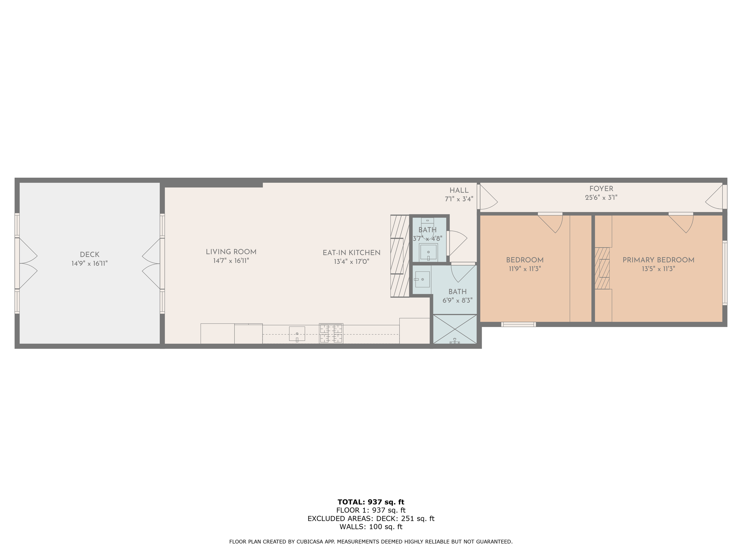 Floor plan of a single-story house with a deck, living room, eat-in kitchen, two bedrooms, two bathrooms, a hall, and a foyer. Total area 937 sq ft.