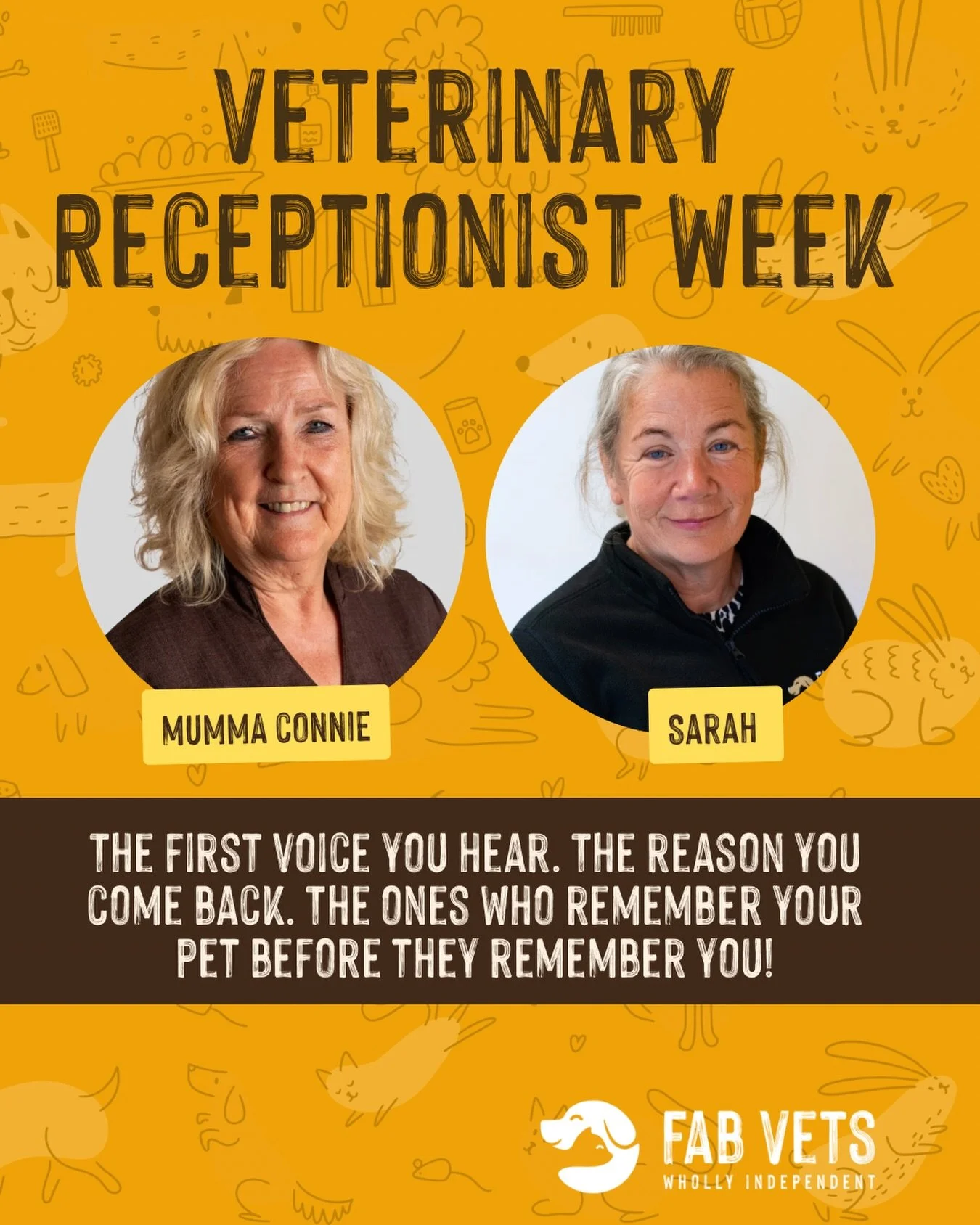 This week is Veterinary Receptionist Week and we are using every bit of it to celebrate these two. 🐾

Mumma Connie and Sarah are your first point of contact at FAB Vets. They are the calm in the chaos, the friendly face when you&rsquo;re worried, an