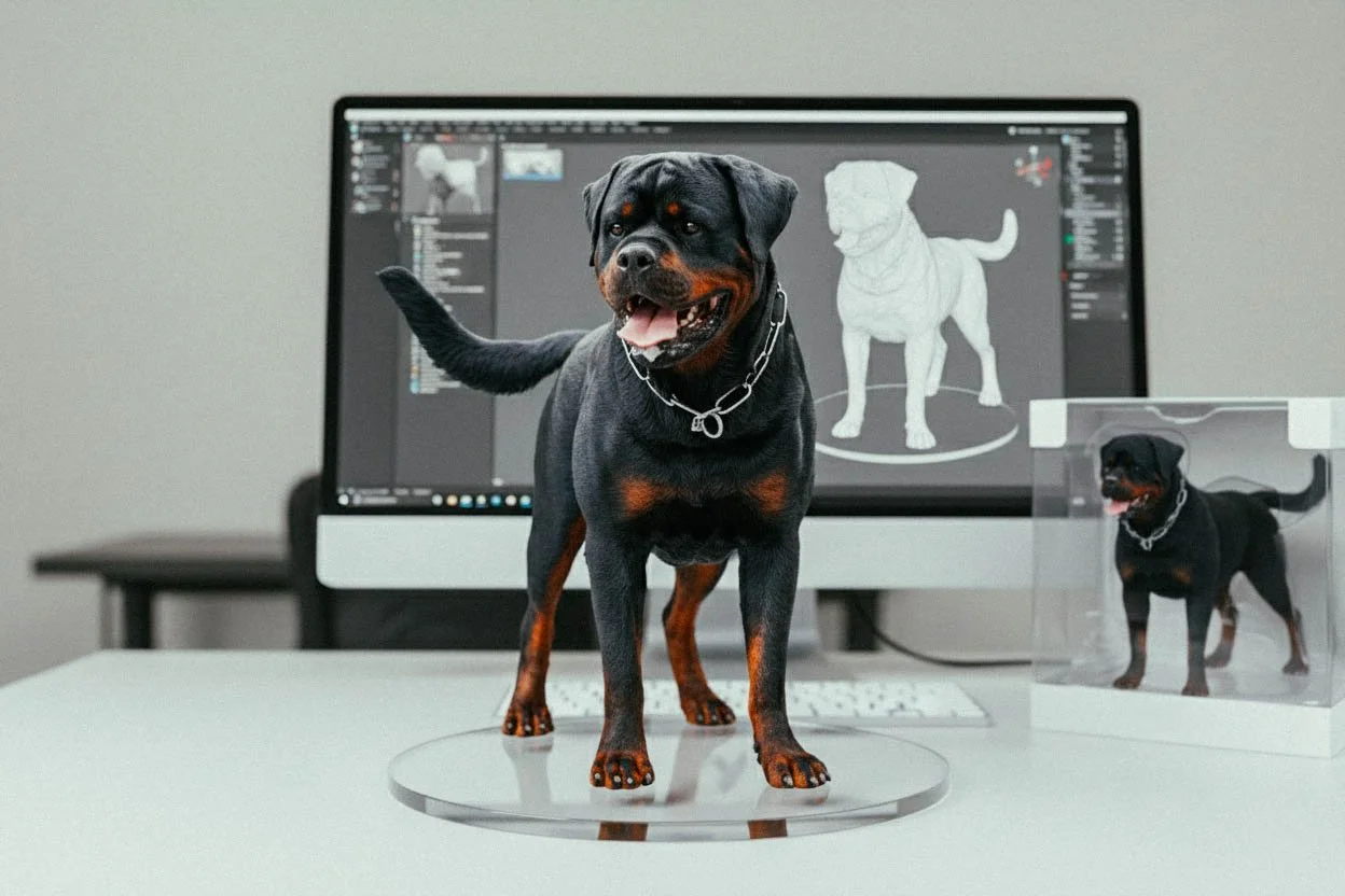 Un chien robot Rottweiler en cours de conception numérique sur un ordinateur, affichant une modélisation 3D du chien.