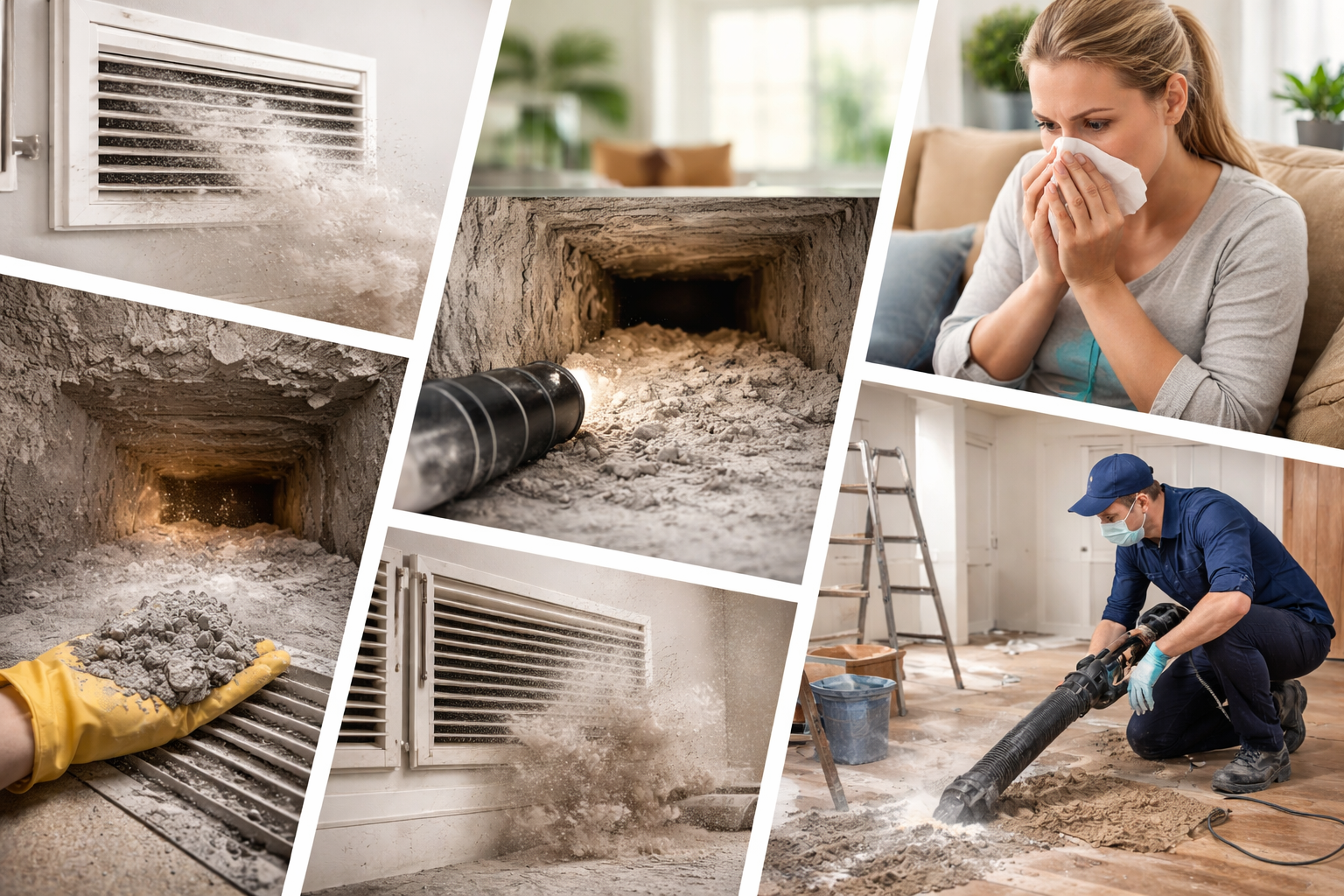 Photo shows a bunch of reasons that show you may need air duct cleaning, including allergies, dust and dirt on walls.