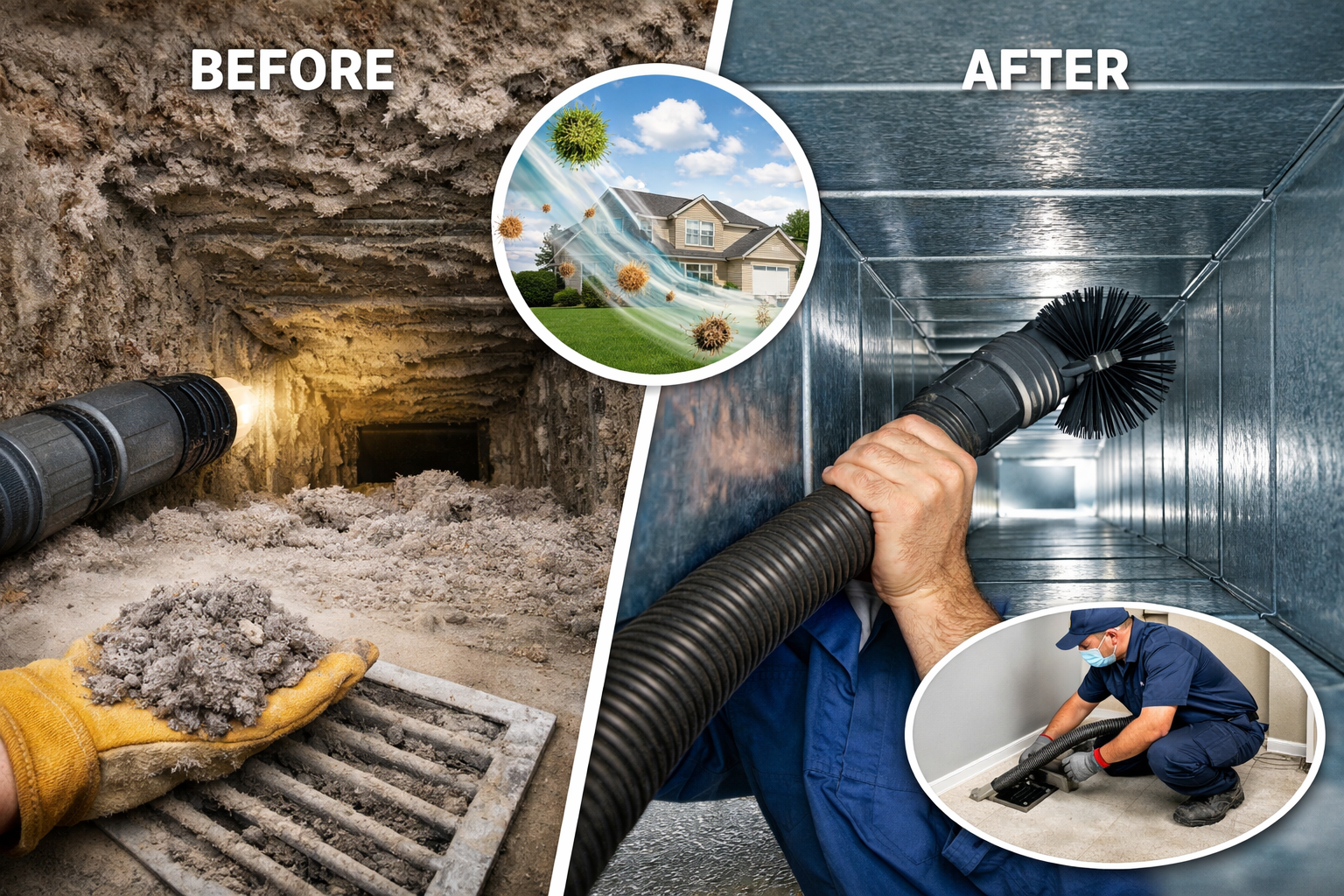 Before and after professional air duct cleaning in a residential HVAC system