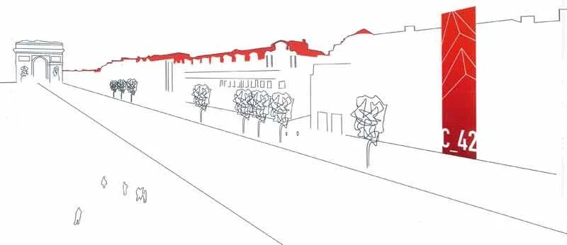 Une illustration minimaliste d'une célèbre avenue parisienne avec des arbres, des bâtiments et un arc de triomphe en arrière-plan. Des éléments en rouge accentuent certains détails architecturaux.
