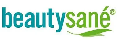 Logo de Beautysané en texte bleu et vert avec une feuille verte