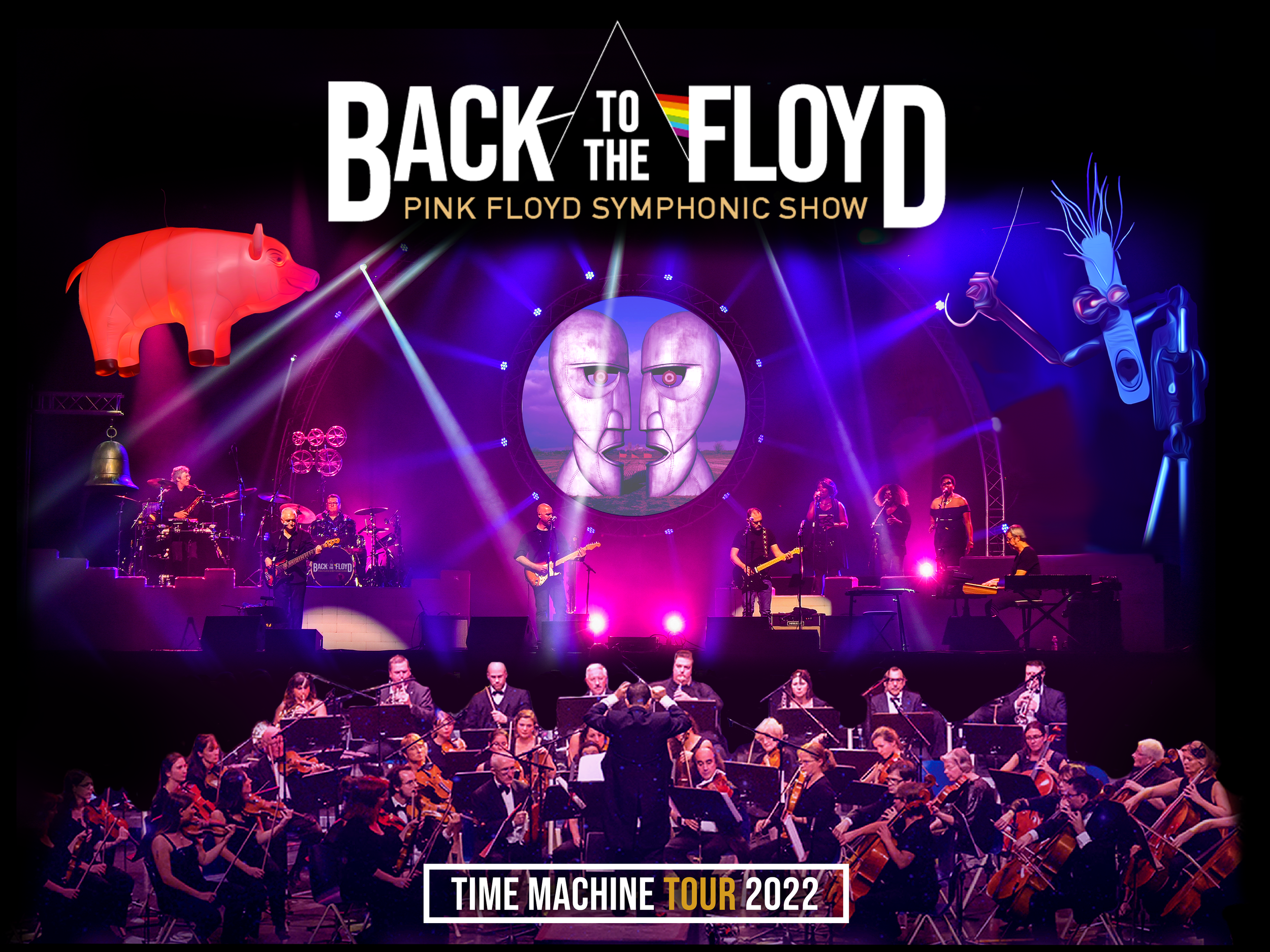 Performance en direct d'une symphonie avec des musiciens et des accompagnements lumineux sur scène, une affiche du spectacle "Back to the Floyd: Pink Floyd Symphonic Show" et "Time Machine Tour 2022".
