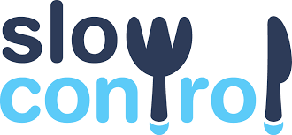 Logo avec le mot 'slow' en noir, 'control' en bleu clair, et un symbole de fourchette et couteau stylisé entre les mots.