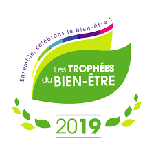 Logo des Trophées du Bien-Être 2019 avec texte en français et design vert et violet