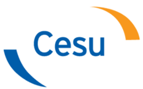 Logo de Cesu avec le nom en texte bleu et éléments graphiques orange et bleu circonférentiels