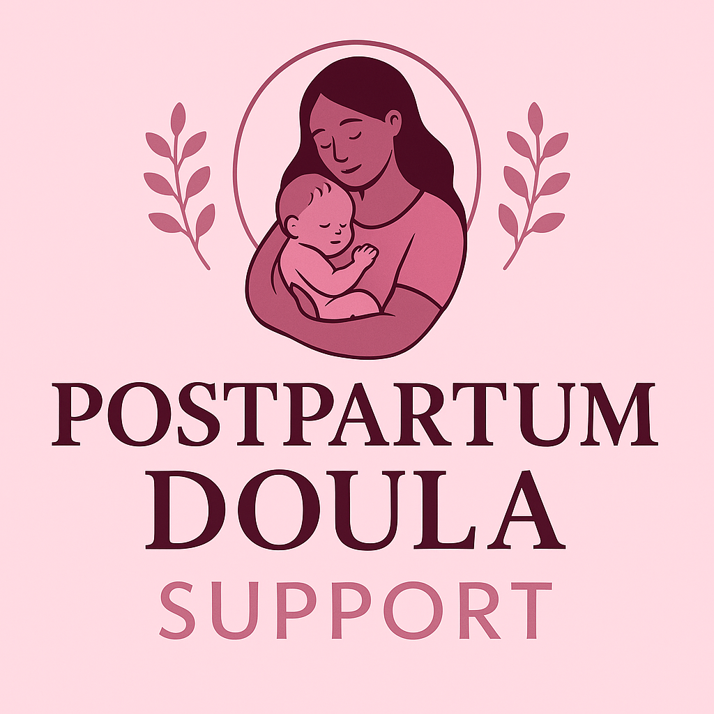 Illustration of a mother holding a baby, surrounded by decorative leaves, with text that says 'Postpartum Doula Support'.