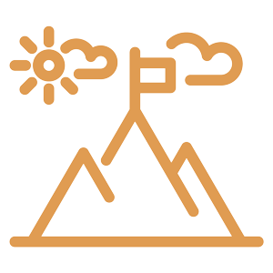 mountain top with flag, sun, and clouds icon