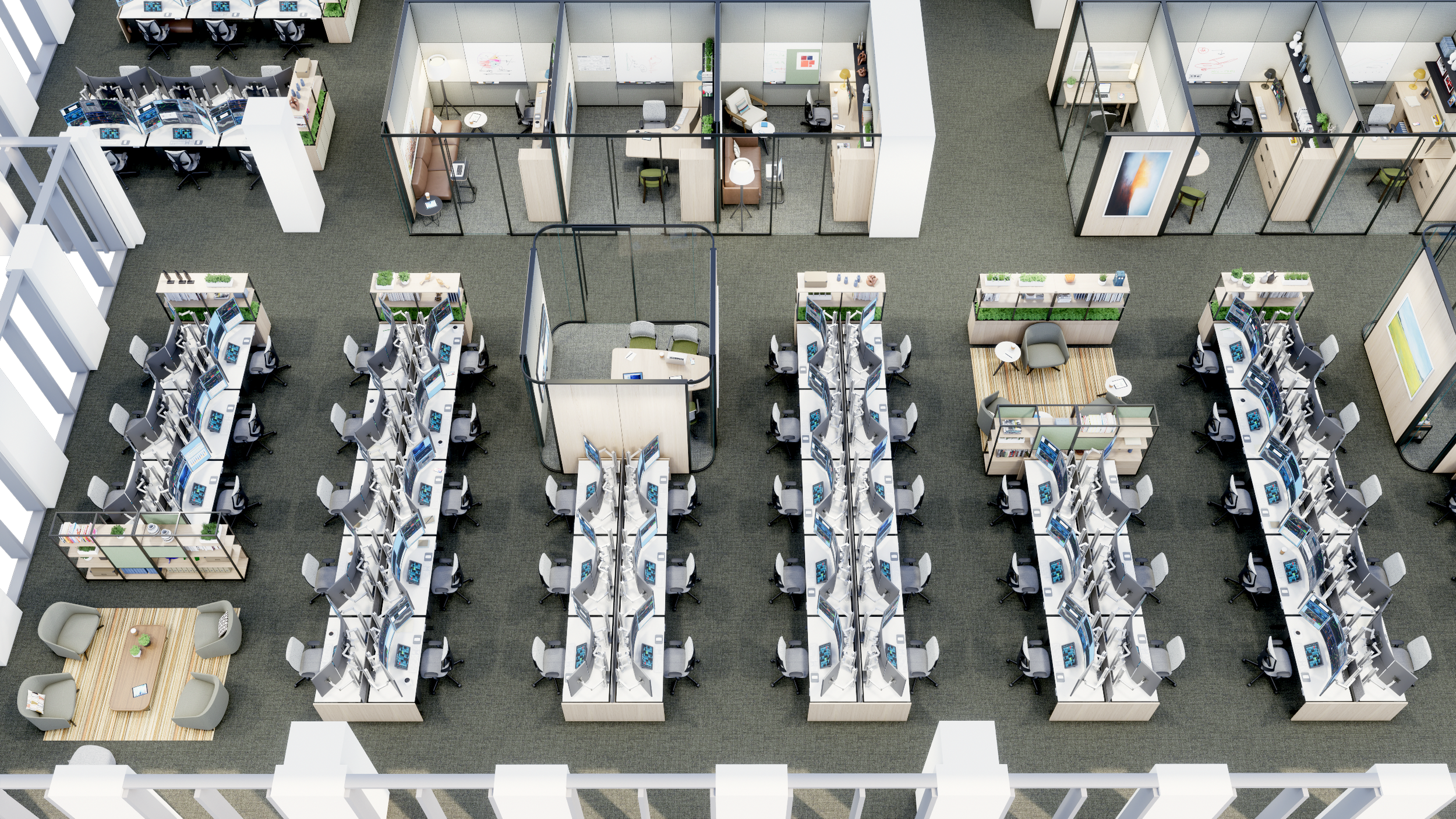  This view of the neighborhood highlights the relationship between each of the solo and group settings, the rigor of the planning module, and the use of the Huddle Room, End Caps, and bookcase units to help define the space and create buffer elements