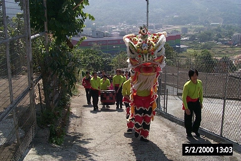 一場傳統獅子舞遊行，表演者穿著黃色襯衫，獅子頭服裝在前，伴隨著鼓，沿著有圍欄的小路在山坡上行進，背景是城市風景。