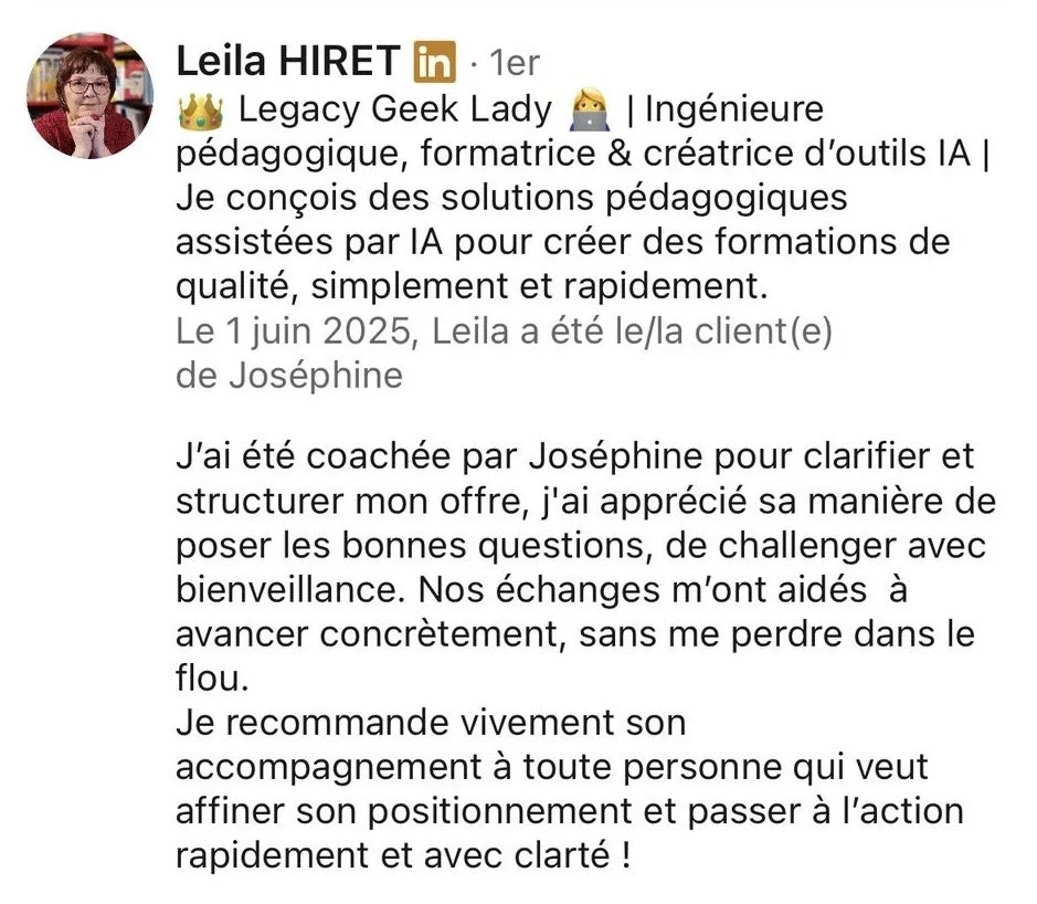 Avis LinkedIn de Laïla Hiret sur l'accompagnement de coaching de Joséphine