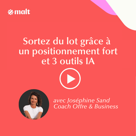 Une capture d'écran d'une publication promotionnelle de Malt avec un fond rosé, un logo en haut à gauche, un bouton de lecture au centre, et une photo de profil d'une femme nommée Joséphine Sand en bas à gauche.