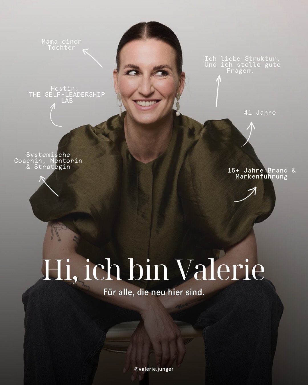 F&uuml;r alle, die neu hier sind:

Ich bin Valerie Junger.
Coachin, Mentorin und Strategin f&uuml;r Frauen, die ihr Leben und ihre Arbeit bewusst gestalten wollen.

Ich arbeite mit Frauen, die sp&uuml;ren: So wie es gerade l&auml;uft, passt es nicht 