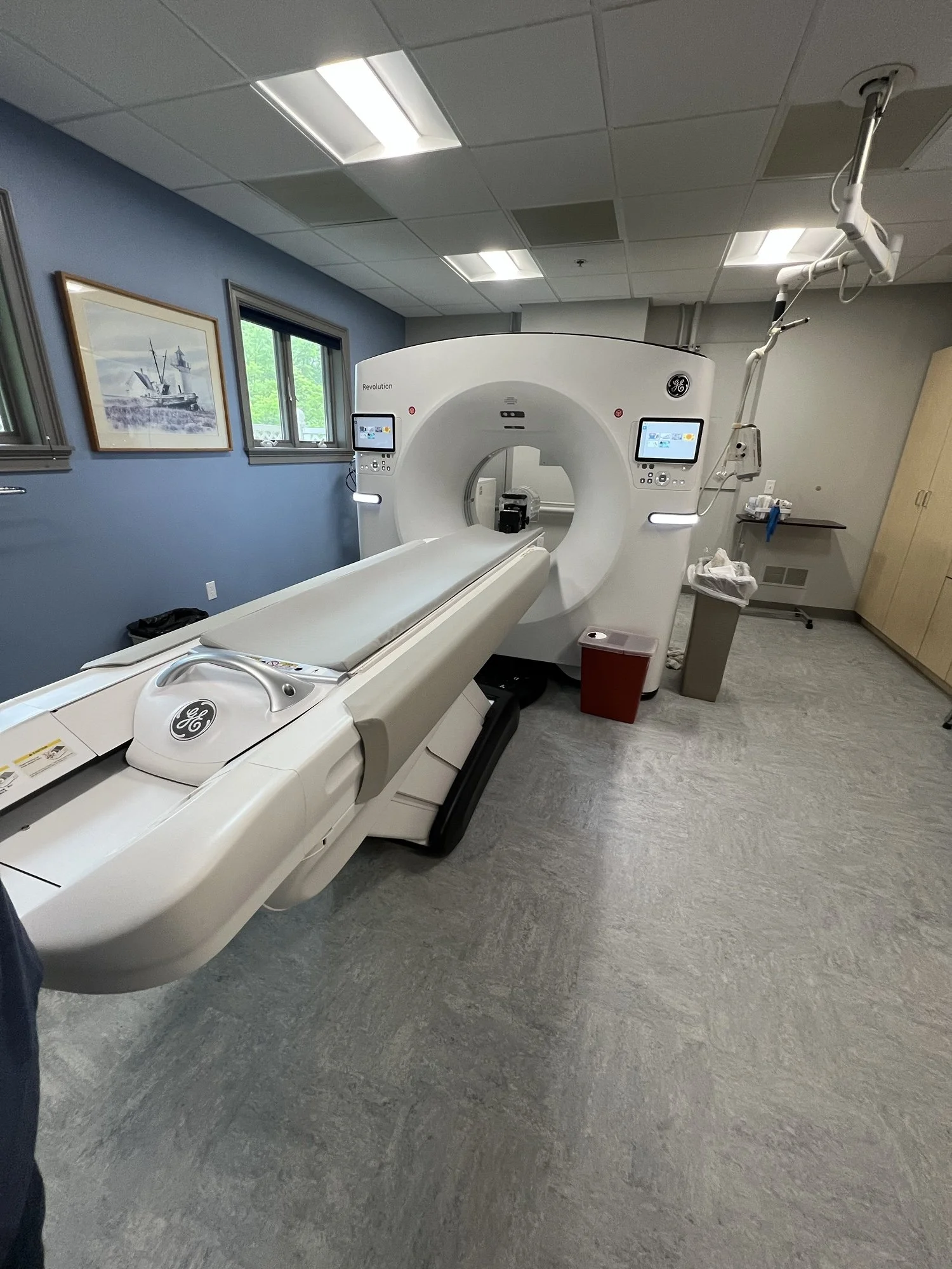A medical imaging room featuring a large MRI machine, with a sliding patient bed, monitors on either side, and a ceiling-mounted arm with a light. The room has blue walls, two windows showing green trees outside, and framed artwork of a boat and a li