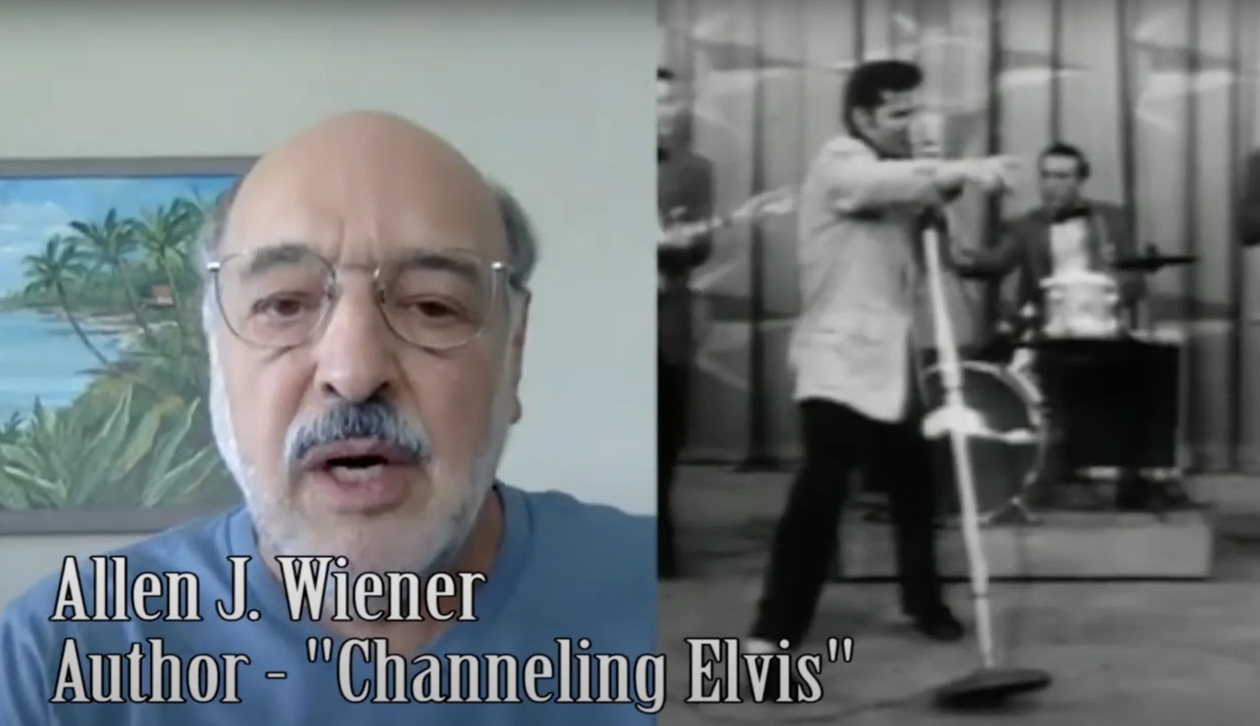 Split-screen image with a modern photo of Allen J. Wiener, author of 'Channeling Elvis,' on the left, and a black-and-white photo of a young man singing and playing a guitar on stage on the right.