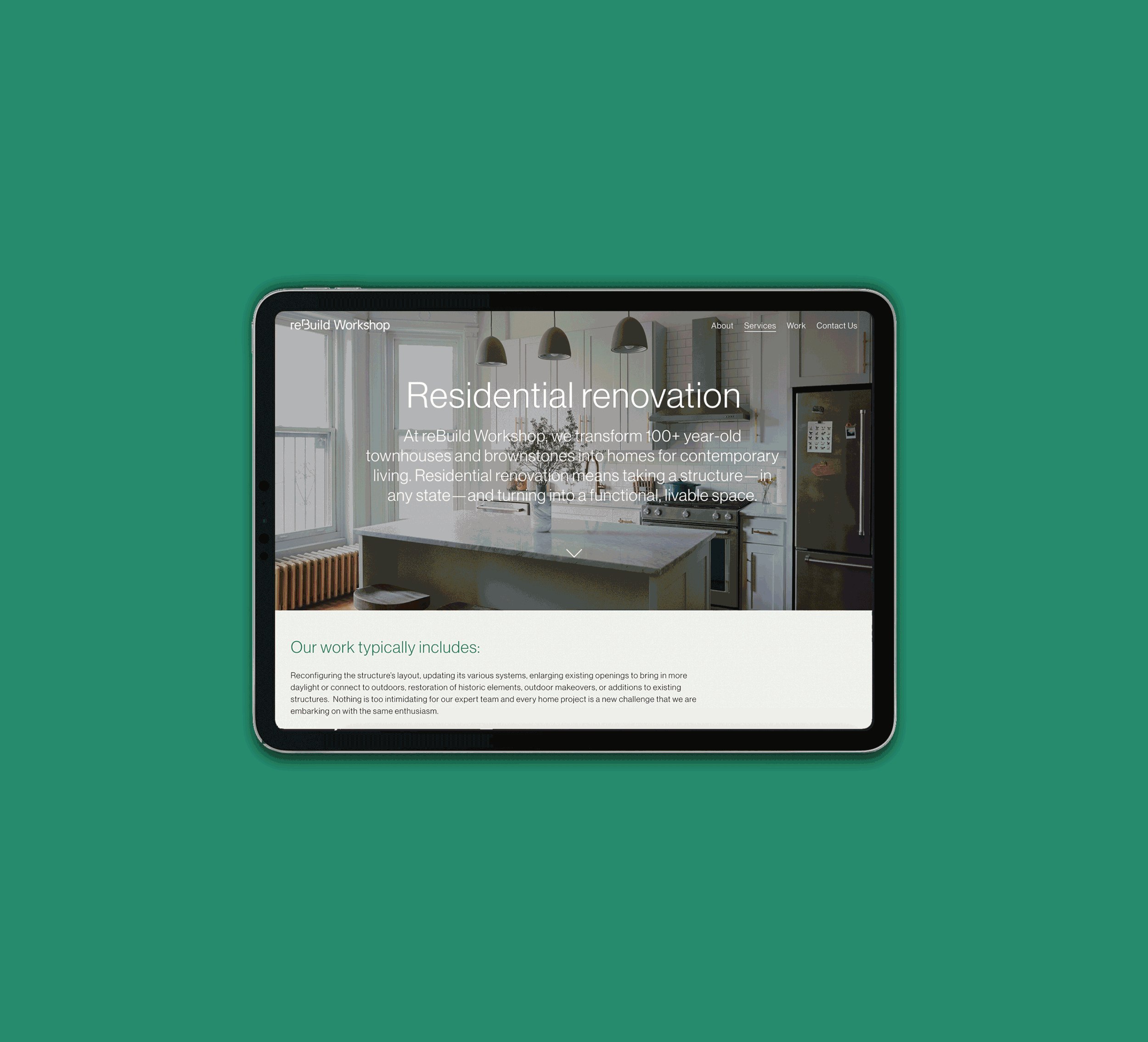 A tablet on a green background displaying a website about residential renovation, showing an interior kitchen scene with white cabinetry, a kitchen island, and hanging lights.