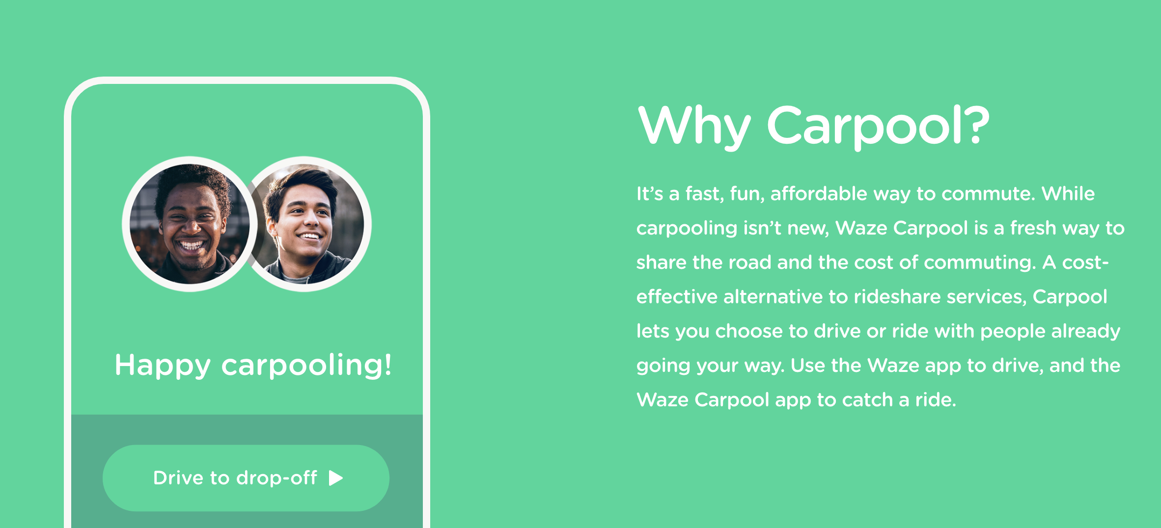 A promotional graphic for Waze Carpool with text promoting the benefits of carpooling and using the Waze app for ridesharing.