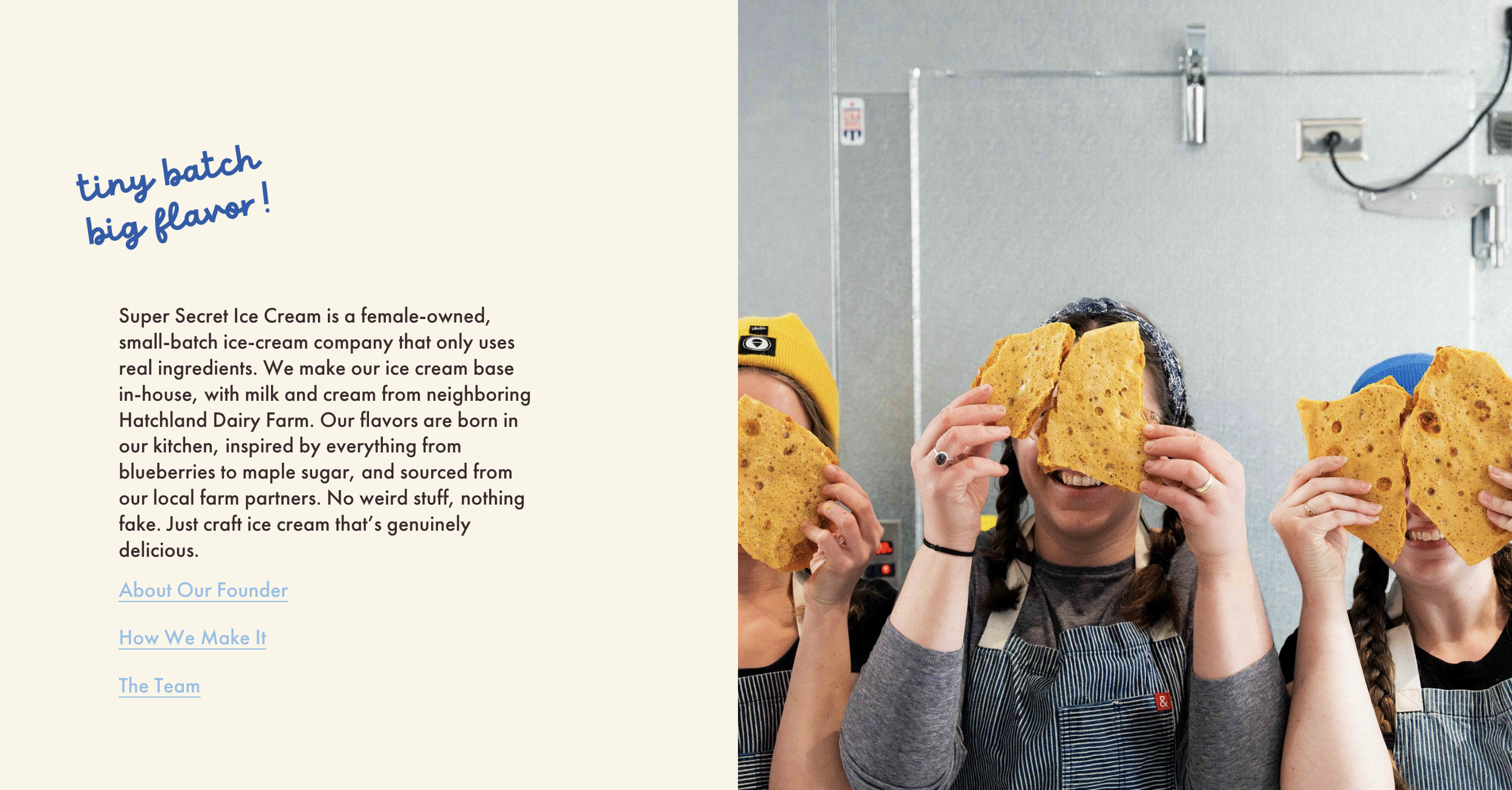 Three women holding large slices of cornbread over their faces, smiling, in a commercial kitchen.