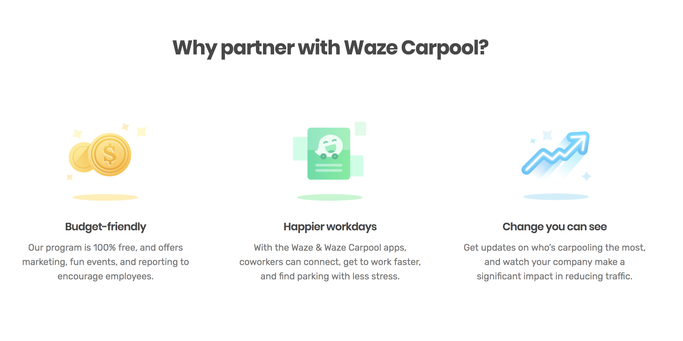 A digital advertisement for partnering with Waze Carpool, showing three icons with descriptions: coins for budget-friendly, a smiling car profile for happier workdays, and an upward arrow for visible change.