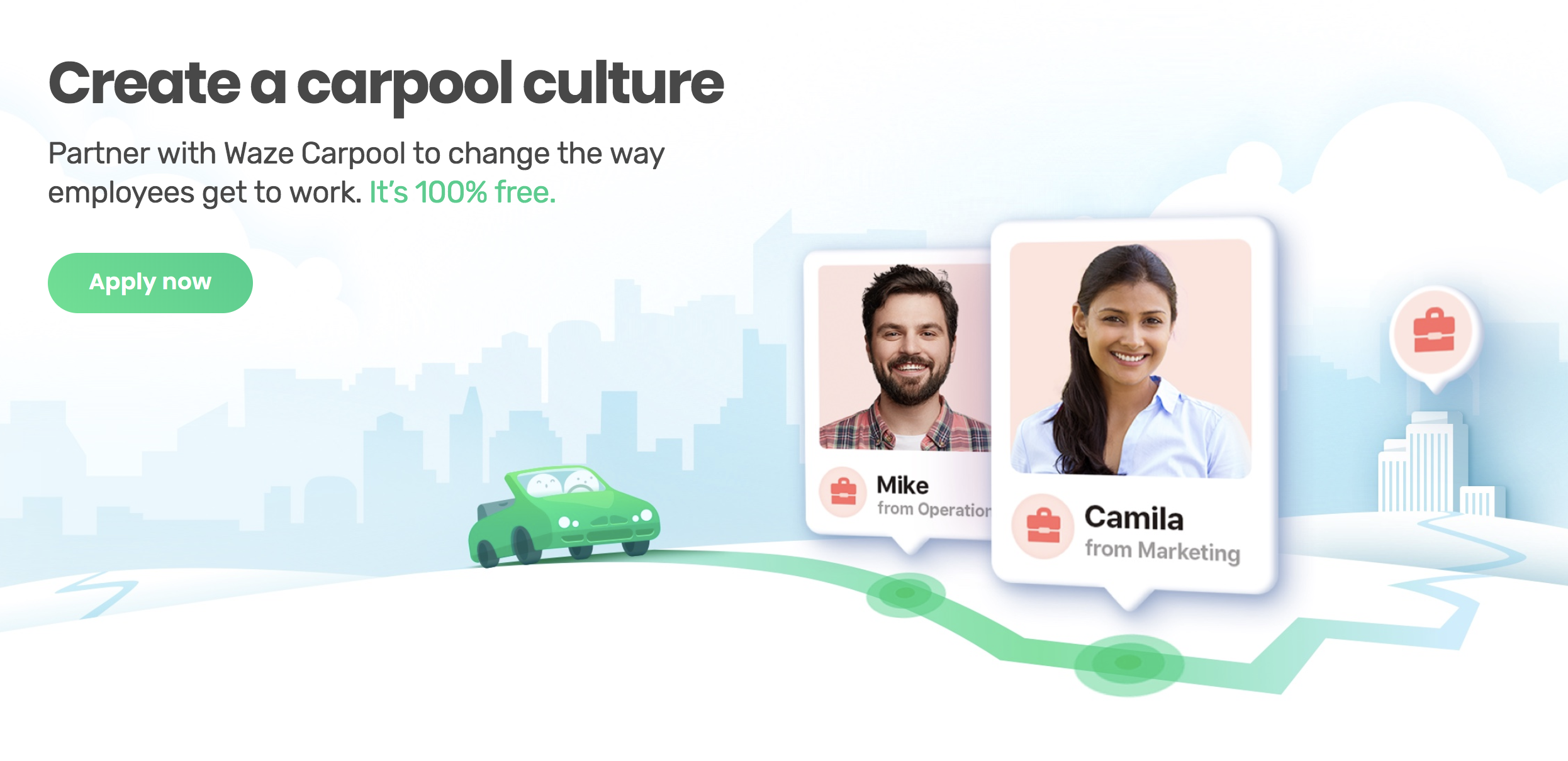 Illustration promoting carpool culture, featuring photos of two diverse professionals, Mike from Operations and Camila from Marketing, along a cityscape background with a green car and a route map.