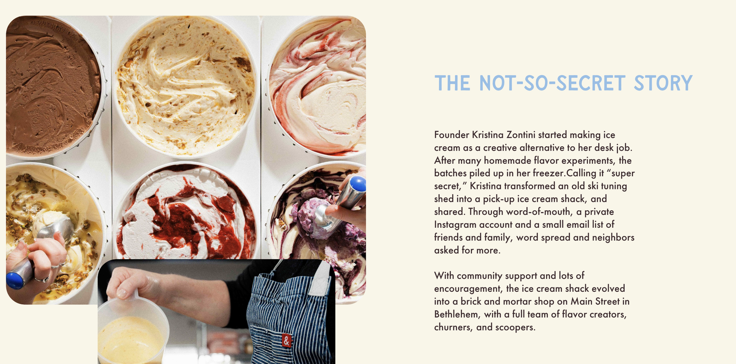 Images of various ice cream flavors in bowls and a person scooping ice cream with a silver spoon, wearing a blue striped apron, serving ice cream.