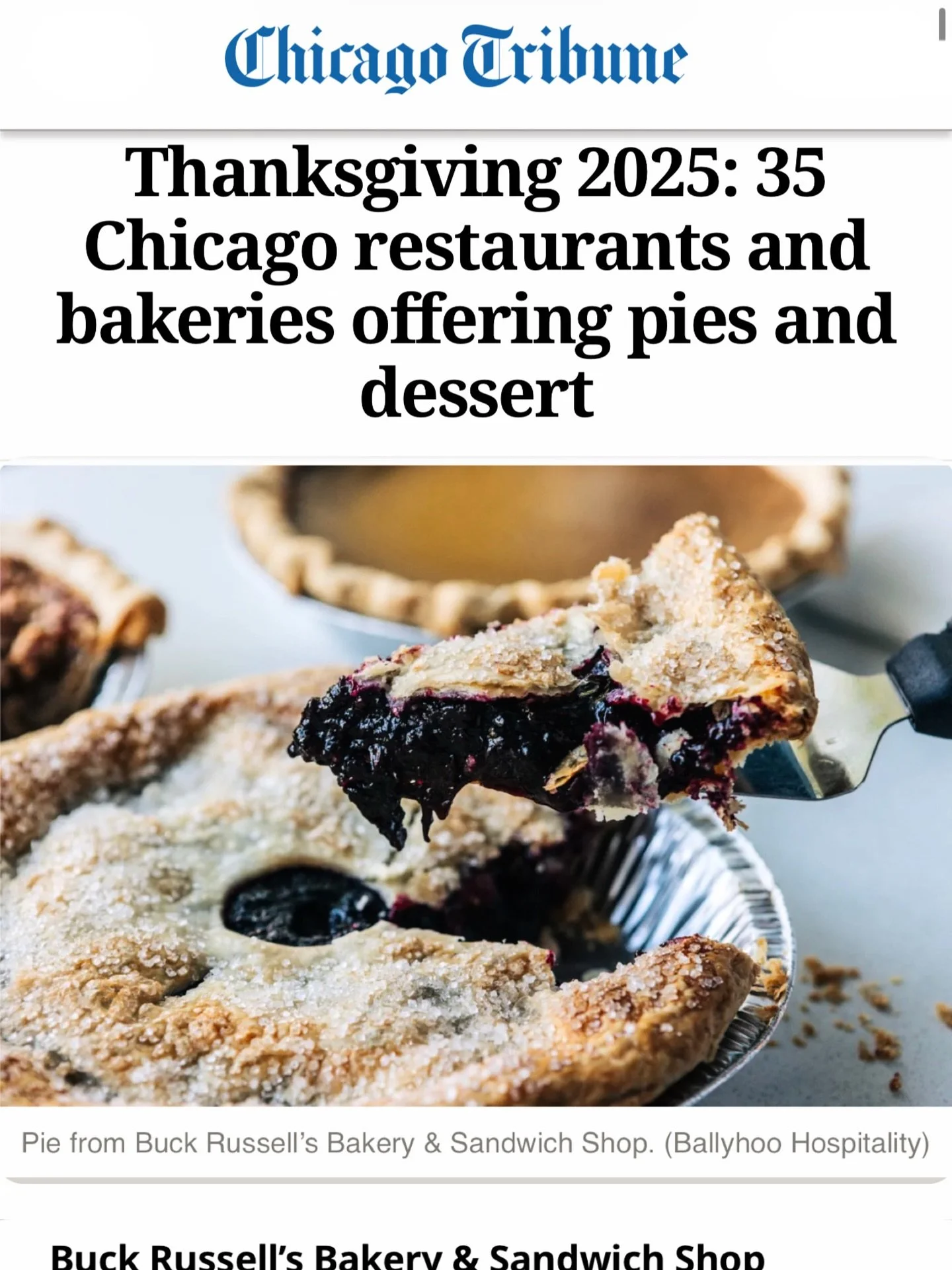 A big thank you to the Chicago Tribune for naming Buck Russell&rsquo;s as a favorite place to buy Thanksgiving pies.

We love being part of your holiday traditions. Pre-order your custom pie and choose the pickup location that works best for you at b