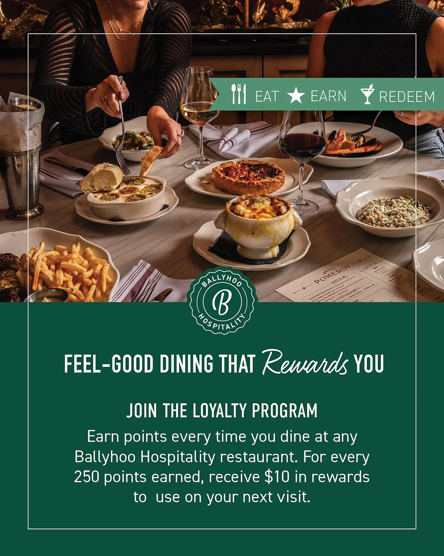 Make it official in 2026! Join the Ballyhoo Hospitality Rewards and turn feel-good dining into earning points. ✨
Sign up on the Ballyhoo Hospitality website to start earning.