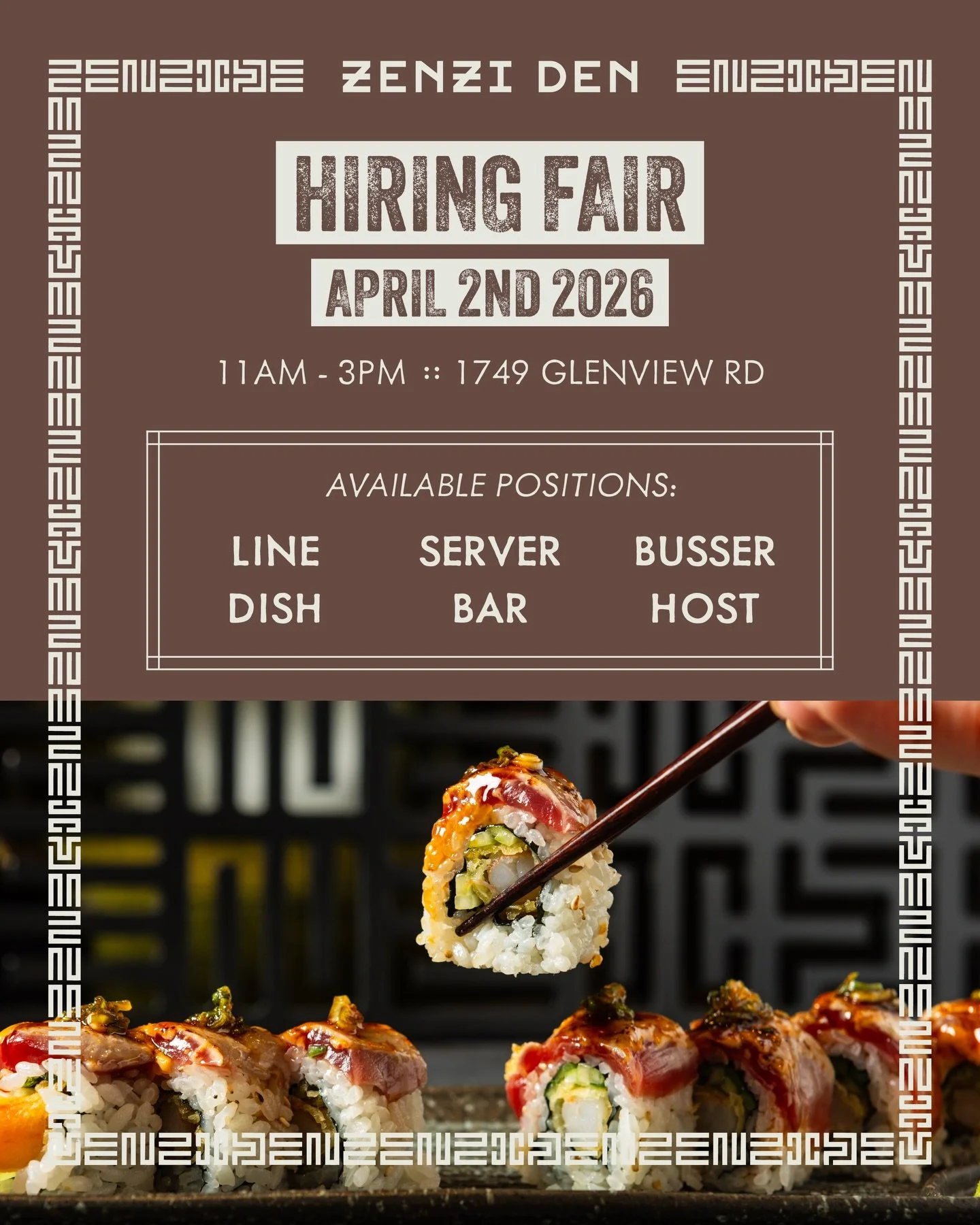 We&rsquo;re hiring!
Join us at Zenzi Den in Glenview for an in-person hiring fair, hosted just down the street at our sister property, Jackman &amp; Co.

April 2, 2026
11AM&ndash;3PM

We&rsquo;re building out the team across front and back of house a