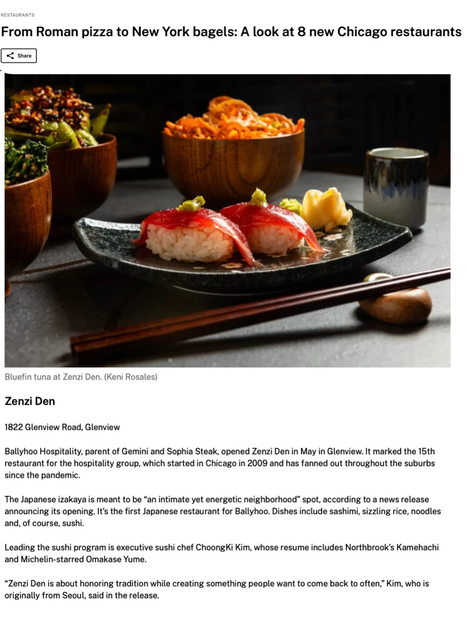 Thank you, @crainschicago for an incredible feature of our newest concept @zenziden 🍣🥢