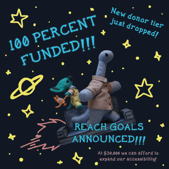 Penny and Blue on a rocket ship couch celebrating being 100% funded for their first episode.