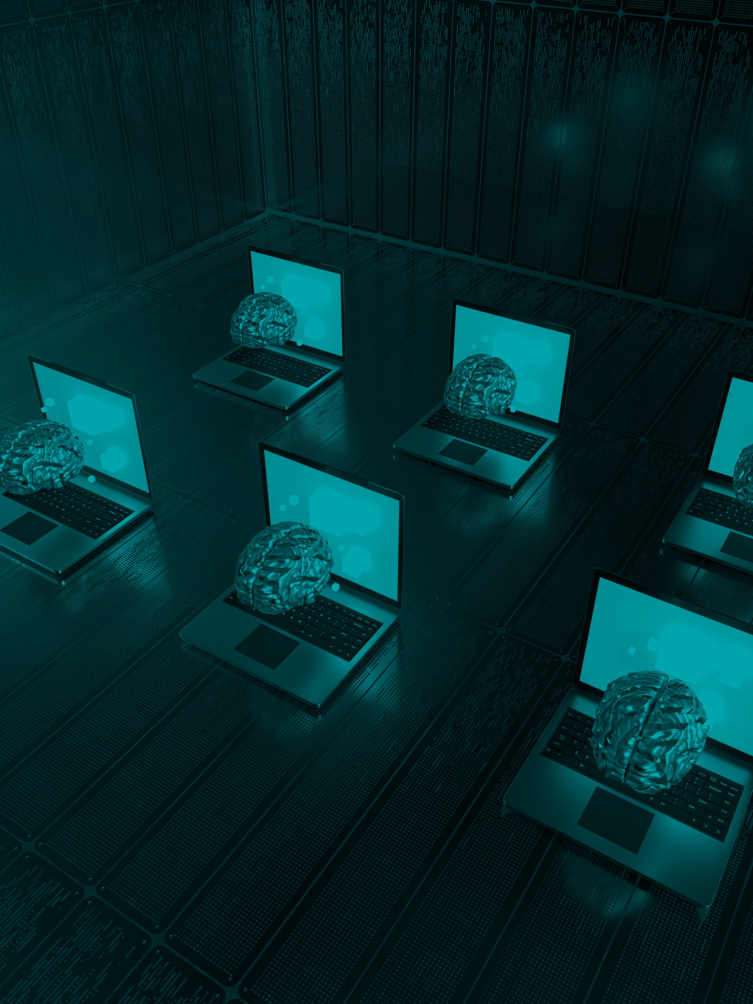 Multiple open laptops with digital brain graphics on their screens, arranged in a grid in a dark, metallic room.