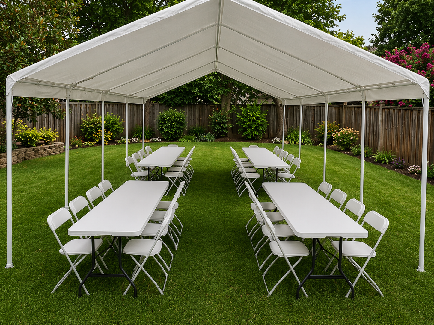 White folding tables and chairs under a white canopy tent in a backyard with green grass and garden flowers.