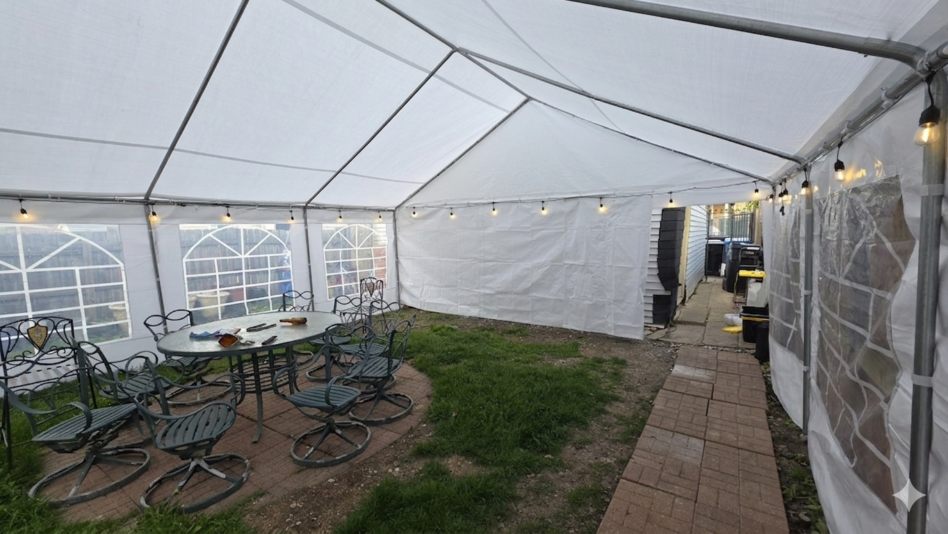 Backyard patio with a white canopy tent, string lights hanging from the top, a round table with eight metal chairs, and a pathway leading to a house with trash bins at the end.